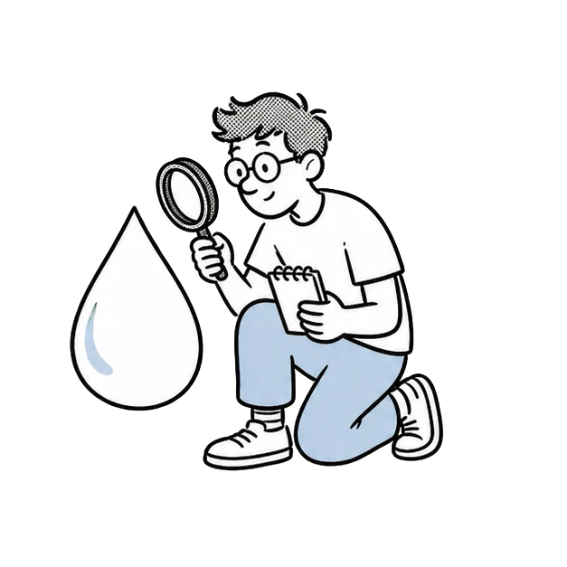 Velta mascot inspecting a water droplet