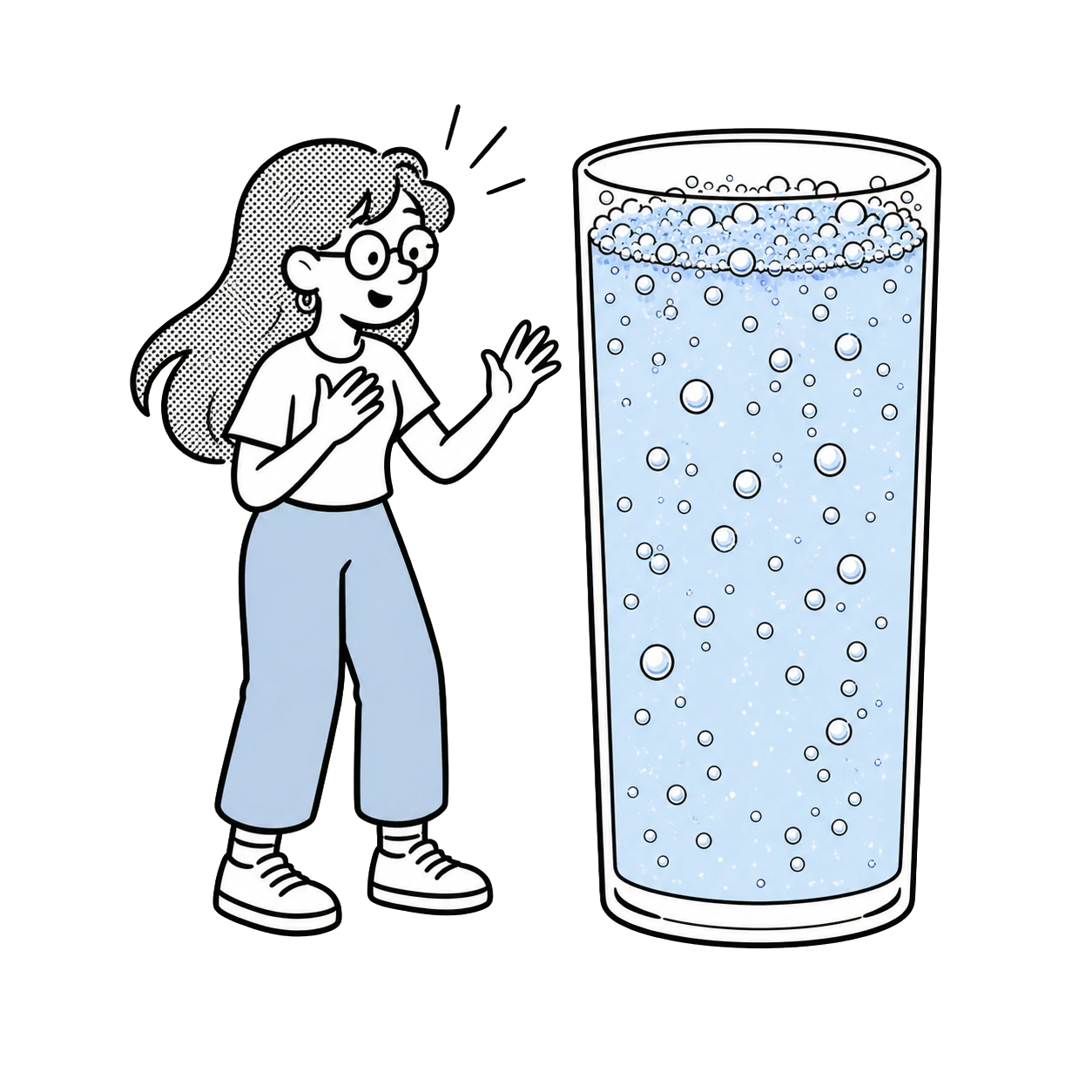 Velta mascot beside a glass of sparkling water