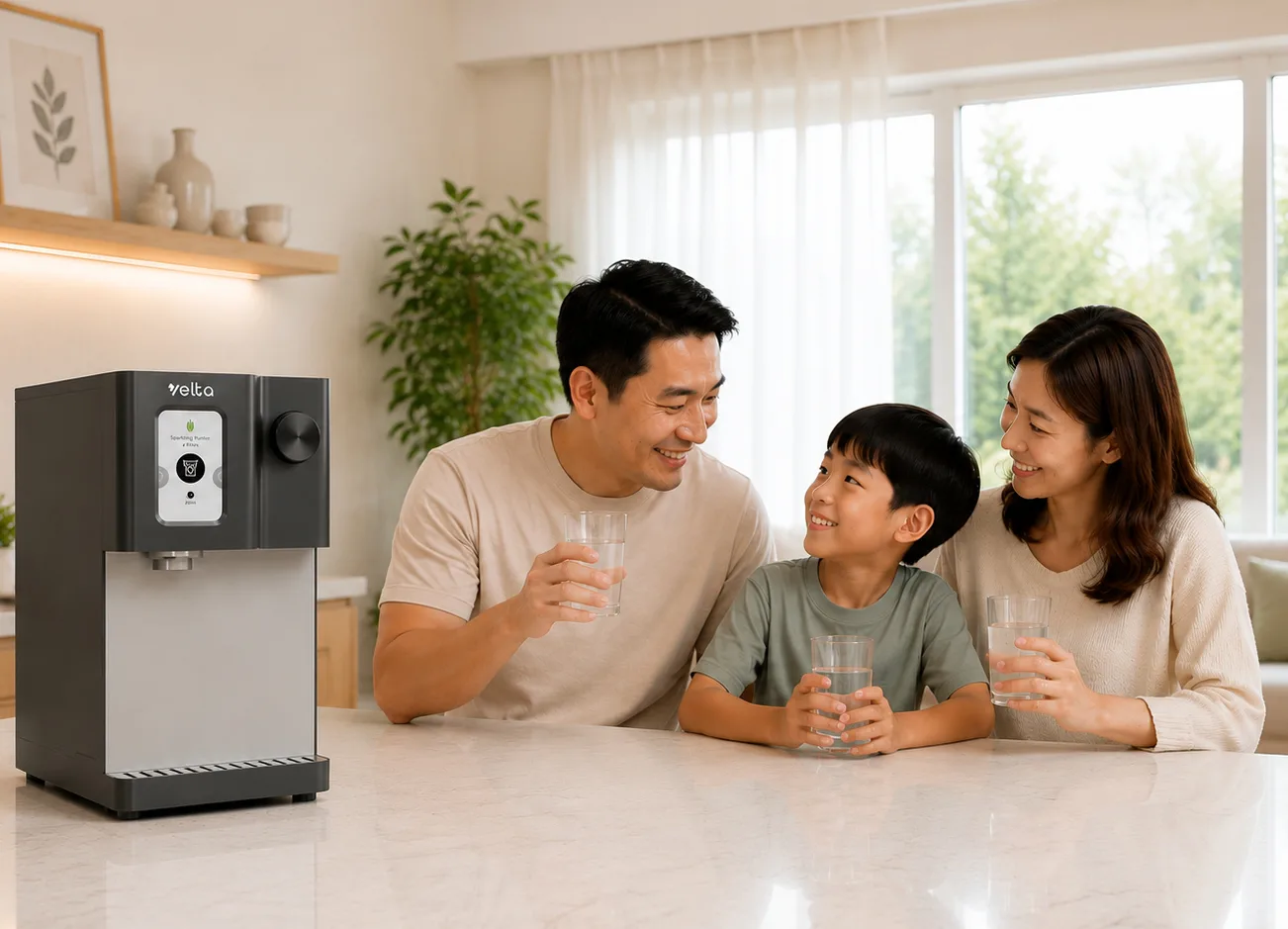 A parent and child beside a Velta water purifier in a bright kitchen